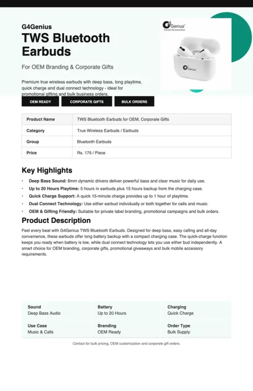 Air 4 TWS Bluetooth Earbuds for OEM, Corporate gifts